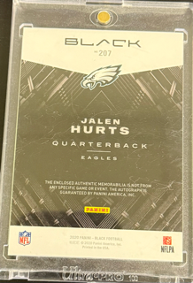 2020 Panini Black Football - Jalen Hurts 207 - Rookie Patch Auto /199